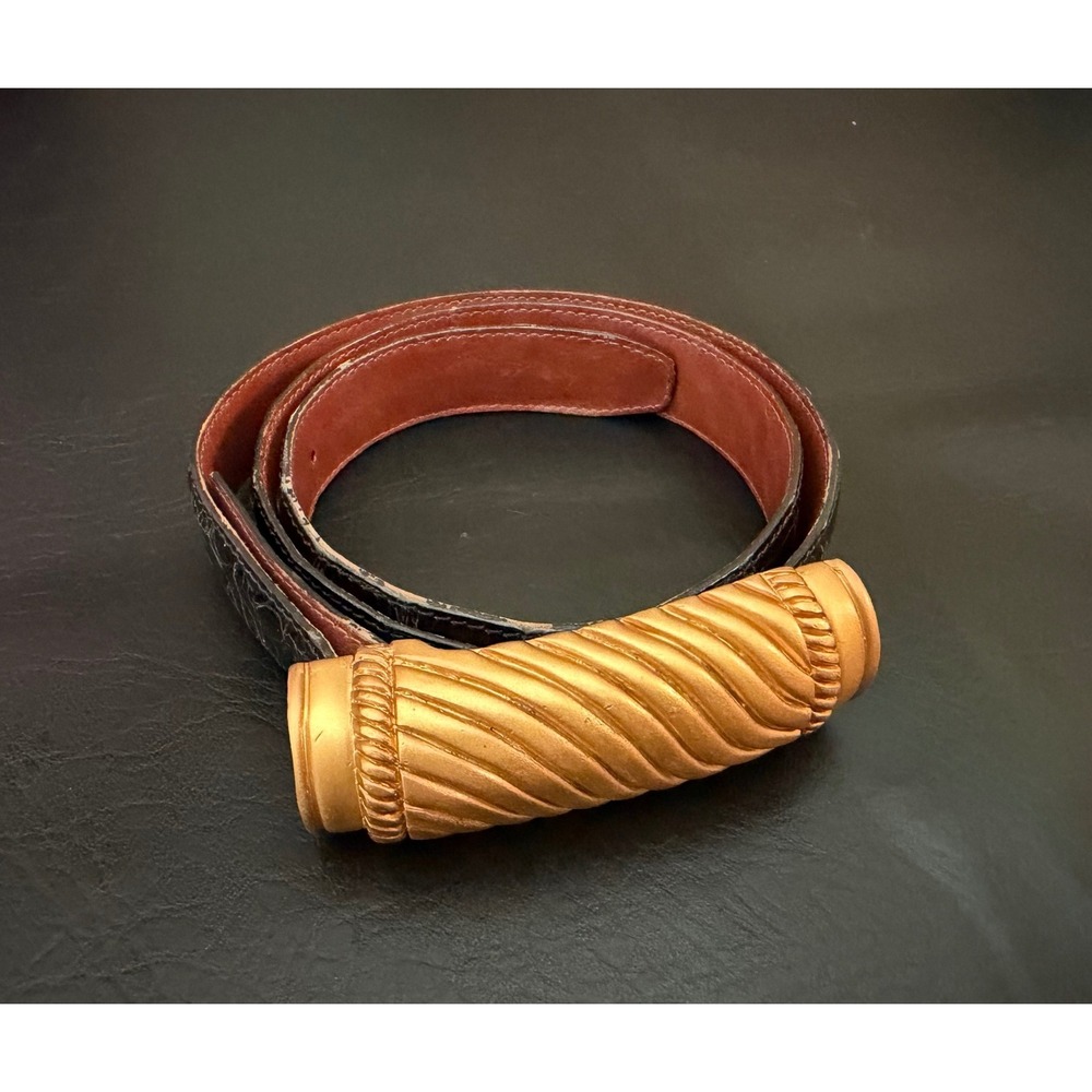 Vicenza Genuine Alligator Belt Women Black Gold Tone Vintage Ribbed Buckle 37.5" - Picture 2 of 11